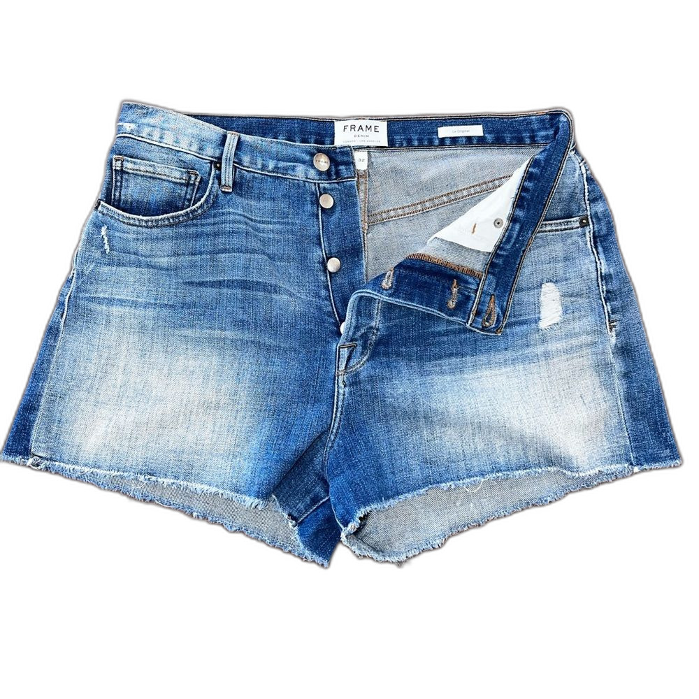 FRAME Le Original High Rise Cutoff Denim Shorts Button Fly Distressed Women 32